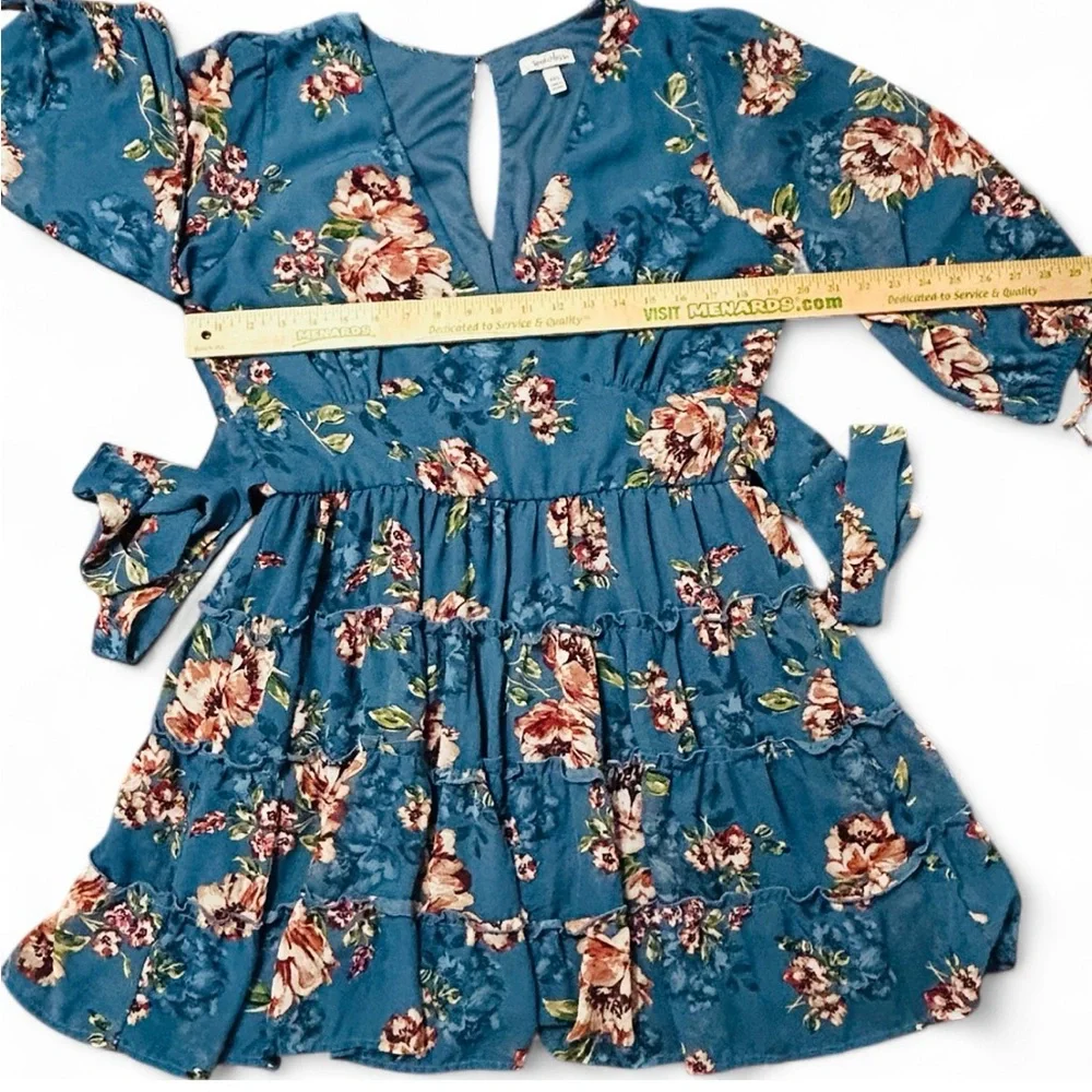 SPEECHLESS Teal Floral 3/4 Sleeve Dress XXL, Tiered Skirt V Neck Tie Waist